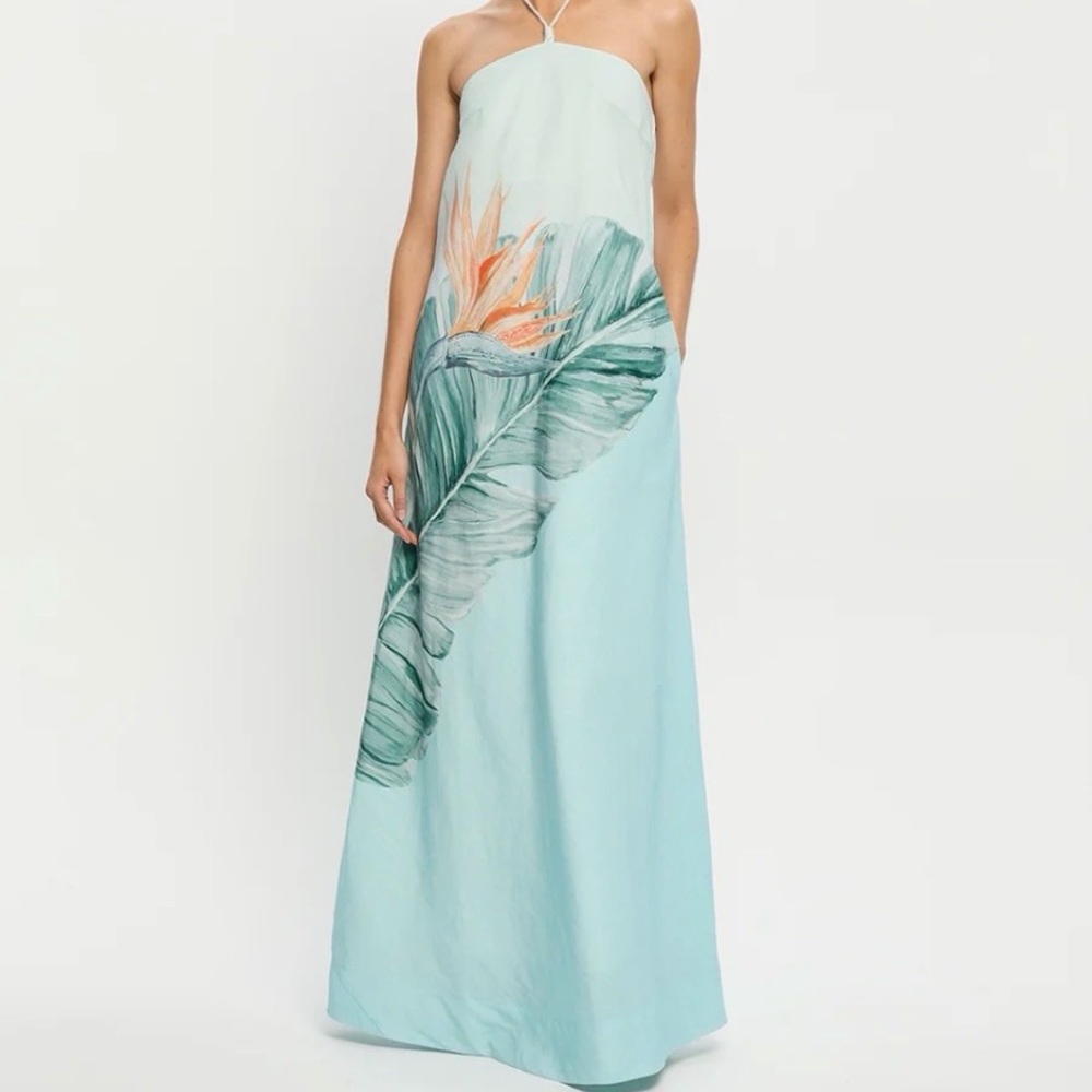 NWT- Kivari Cassia Aqua Maxi Dress with Tropical Print - US size 6